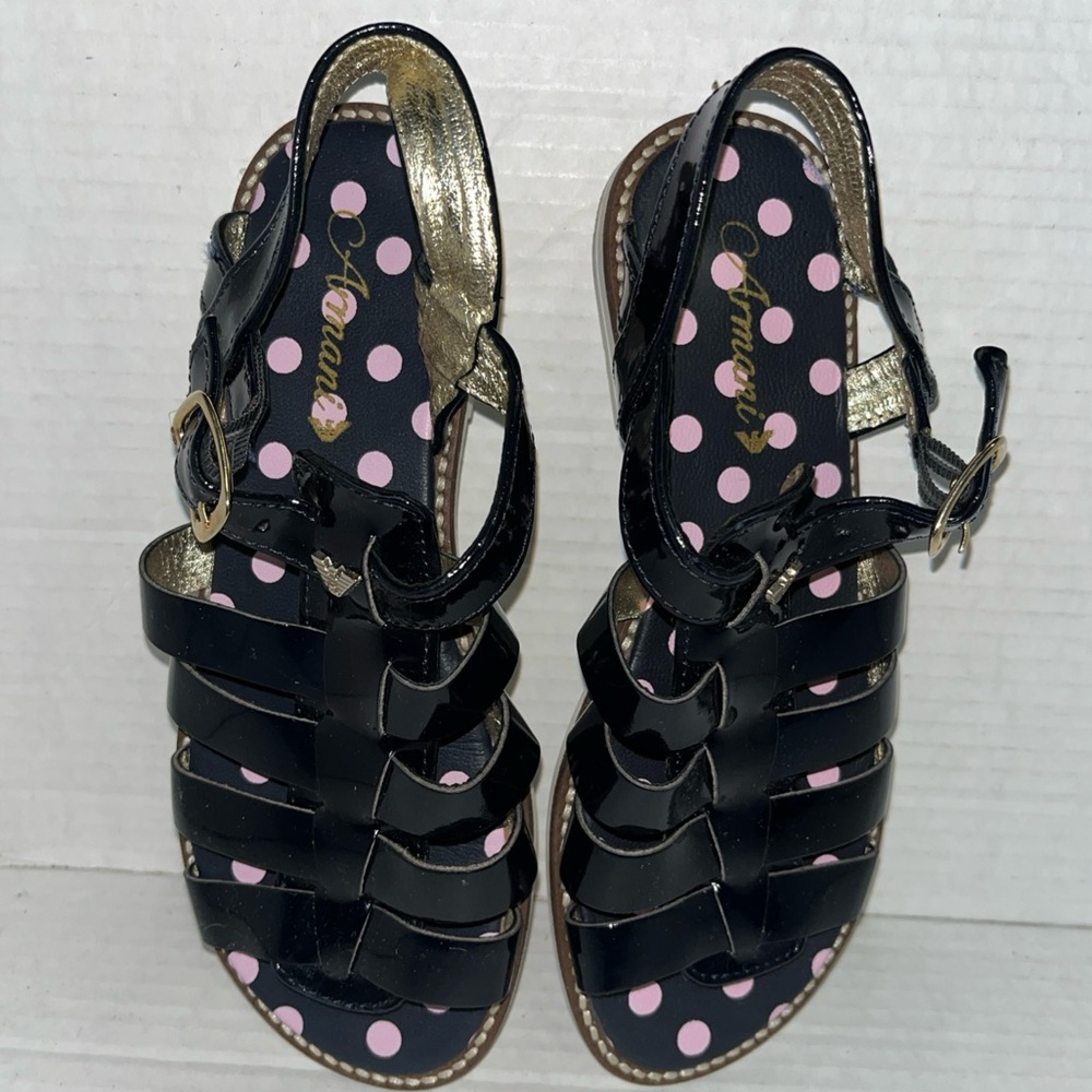Armani Junior Girls Size 34 Strap Sandal Black Polka Dot Pink Flat Slip On Shoes